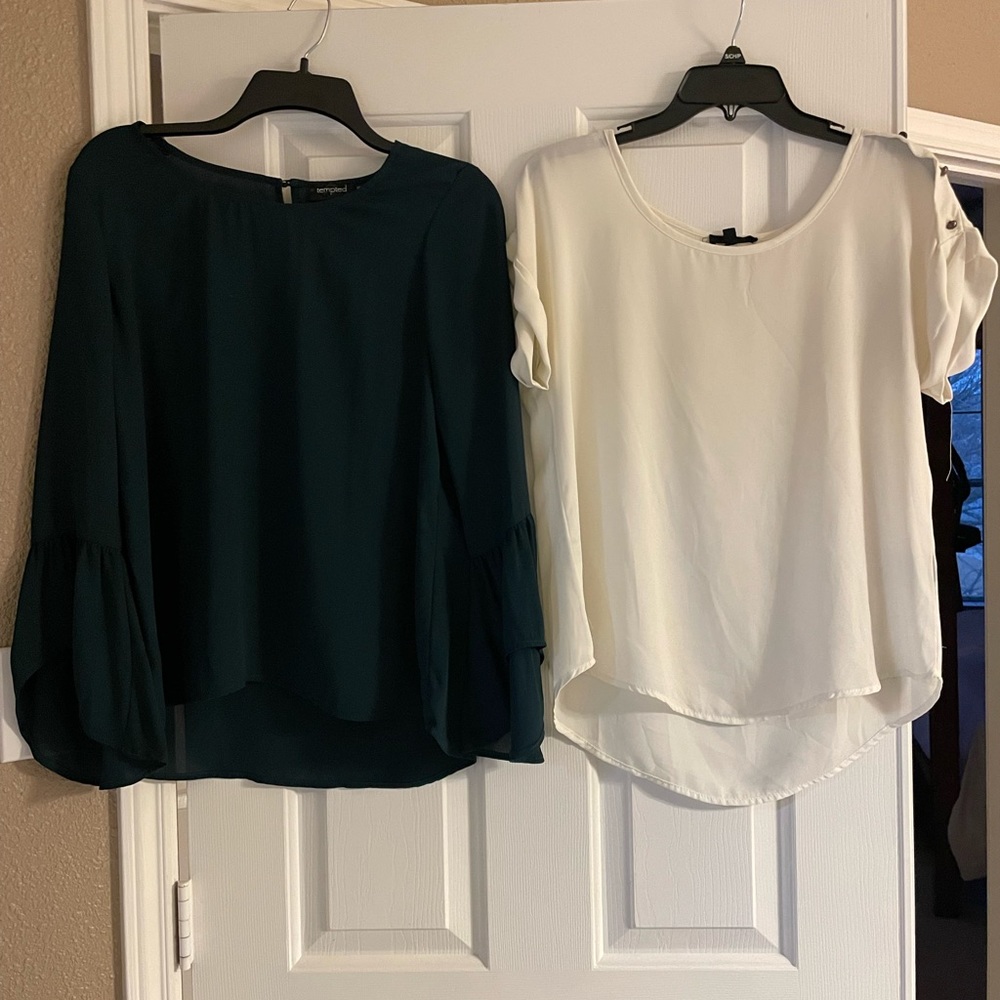 Lot of 2 formal blouses (teal and winter white) womens size mediums